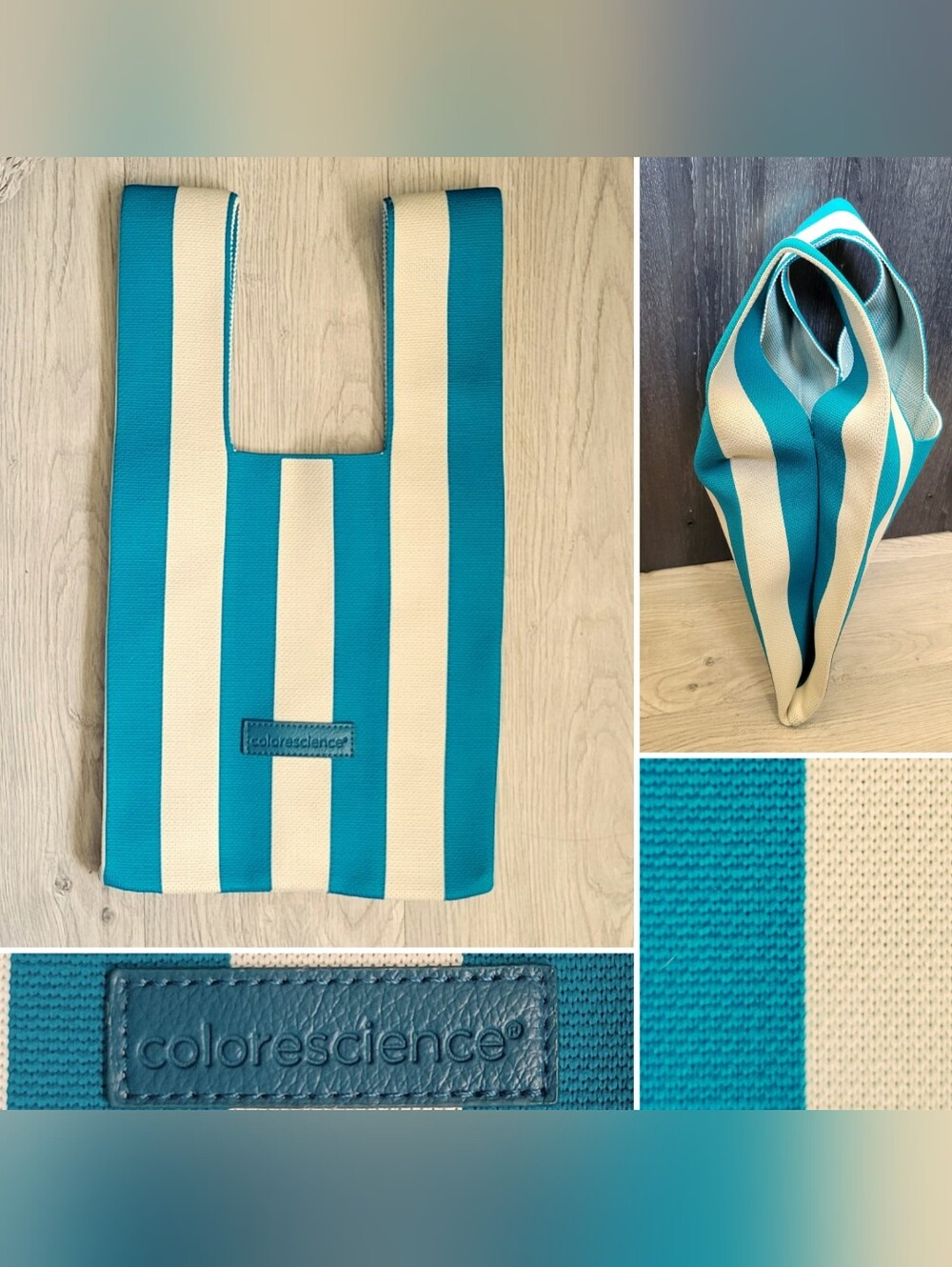 Colorescience Teal & Cream Striped Knot Bag with Knit Fabric, 16" x 9"
